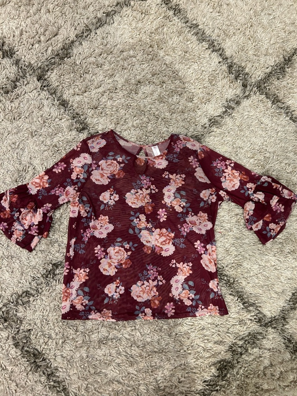 No Boundaries Burgundy Floral Ruffle Sleeve Blouse